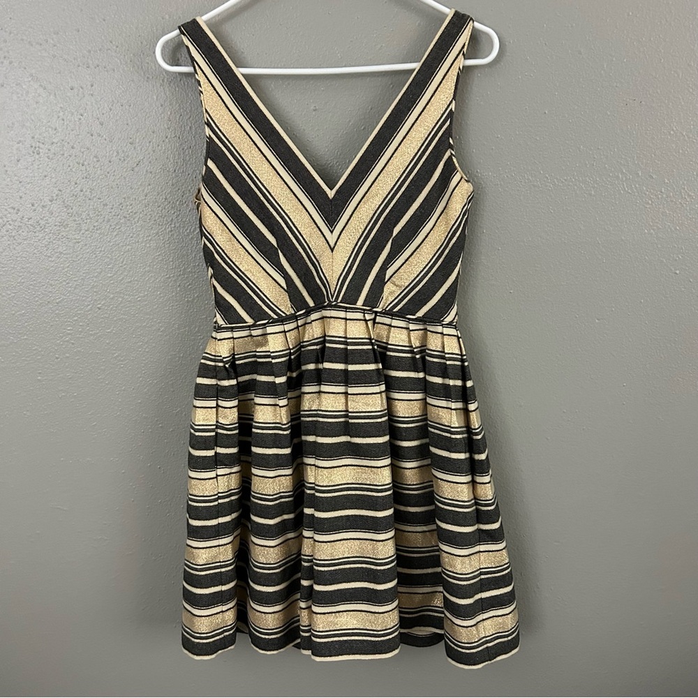 J. Crew Metallic Gold Striped Fit & Flare Mini Dress Size 2 Cocktail Party Glam - Picture 7 of 13